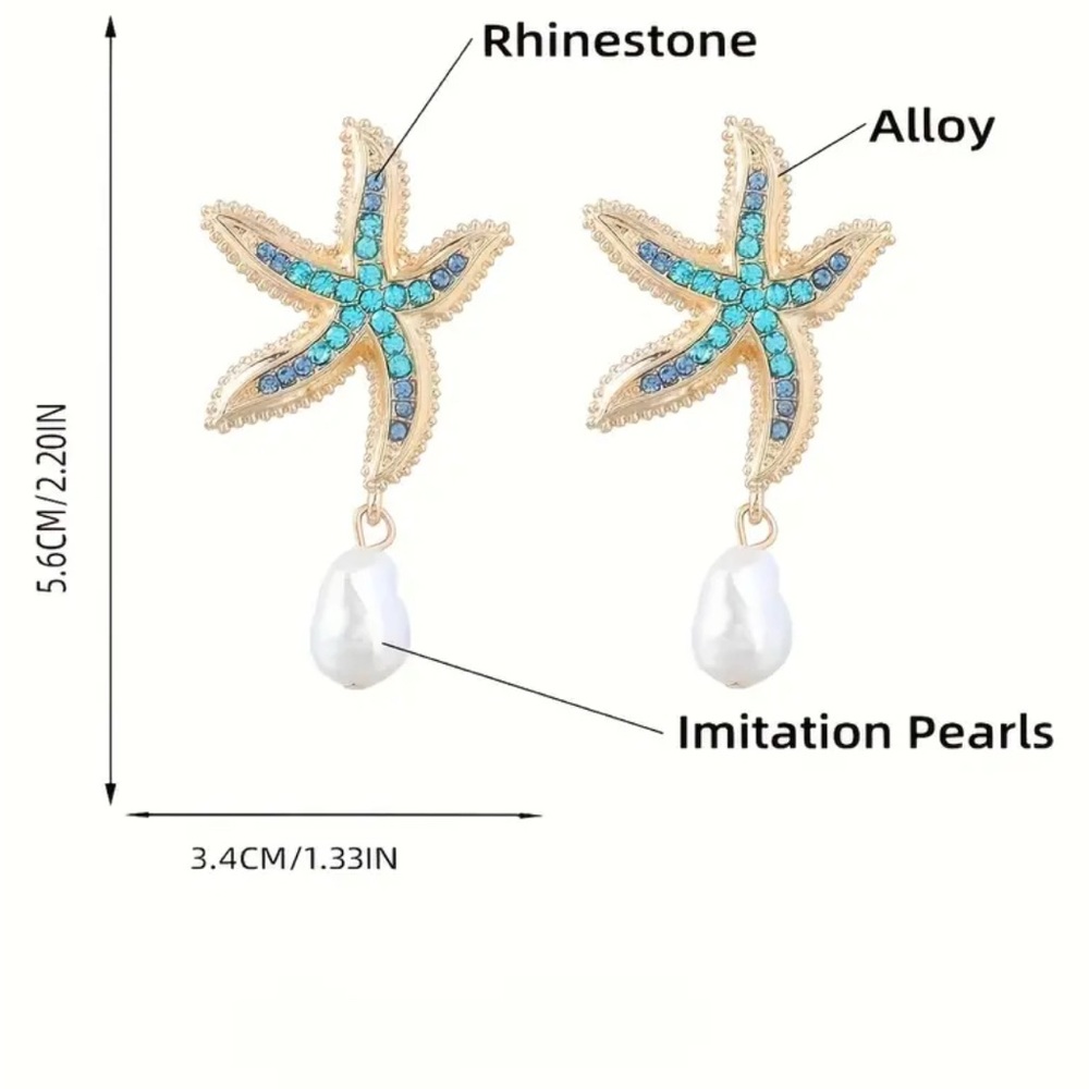 Gold Starfish Earrings with Blue Rhinestones & Pearl Drop NEW NWT Coastal - Picture 4 of 4